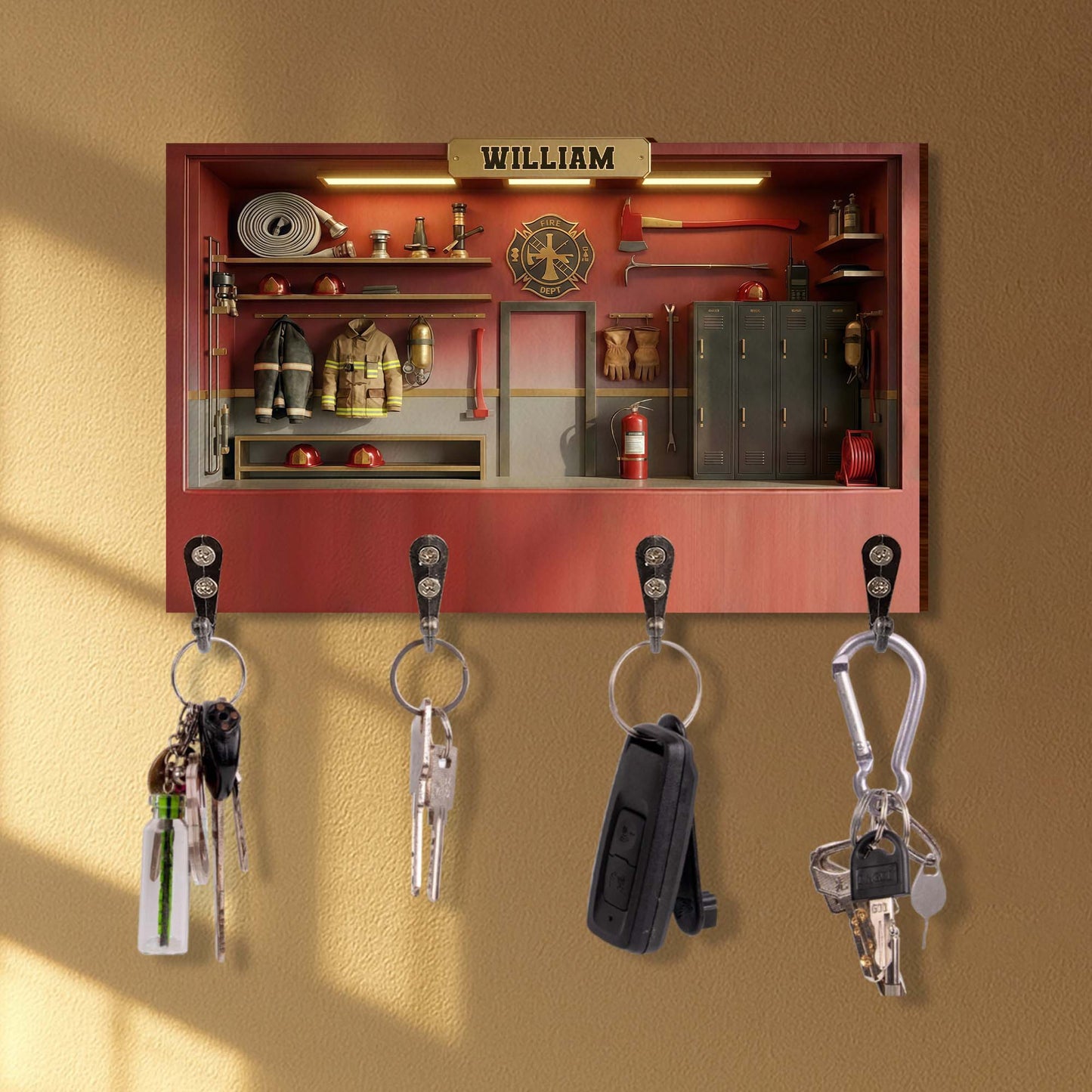Fire Dept Locker Room Scene With Helmets And Turnout Gear