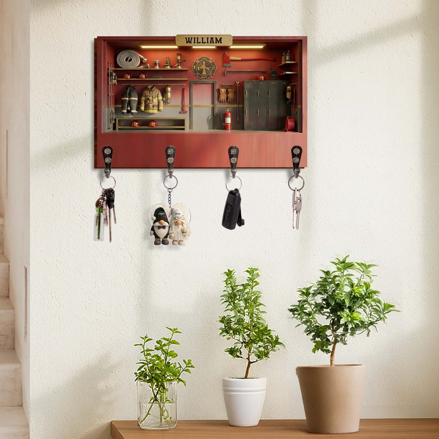 Fire Dept Locker Room Scene With Helmets And Turnout Gear