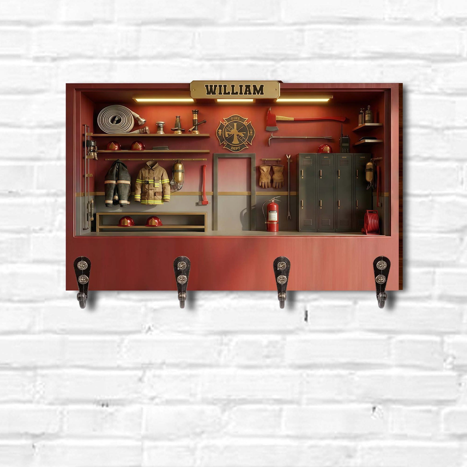 Fire Dept Locker Room Scene With Helmets And Turnout Gear