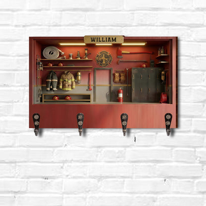 Fire Dept Locker Room Scene With Helmets And Turnout Gear