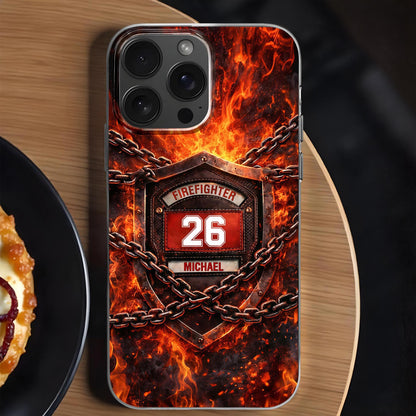 Firefighter Shield With Flames And Metal Chains Design