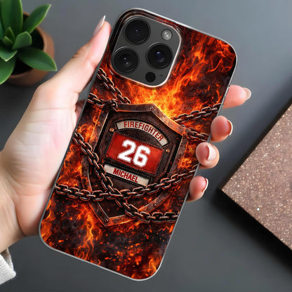 Firefighter Shield With Flames And Metal Chains Design