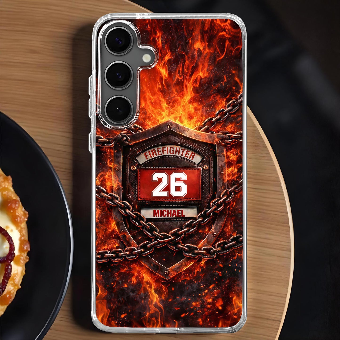 Firefighter Shield With Flames And Metal Chains Design