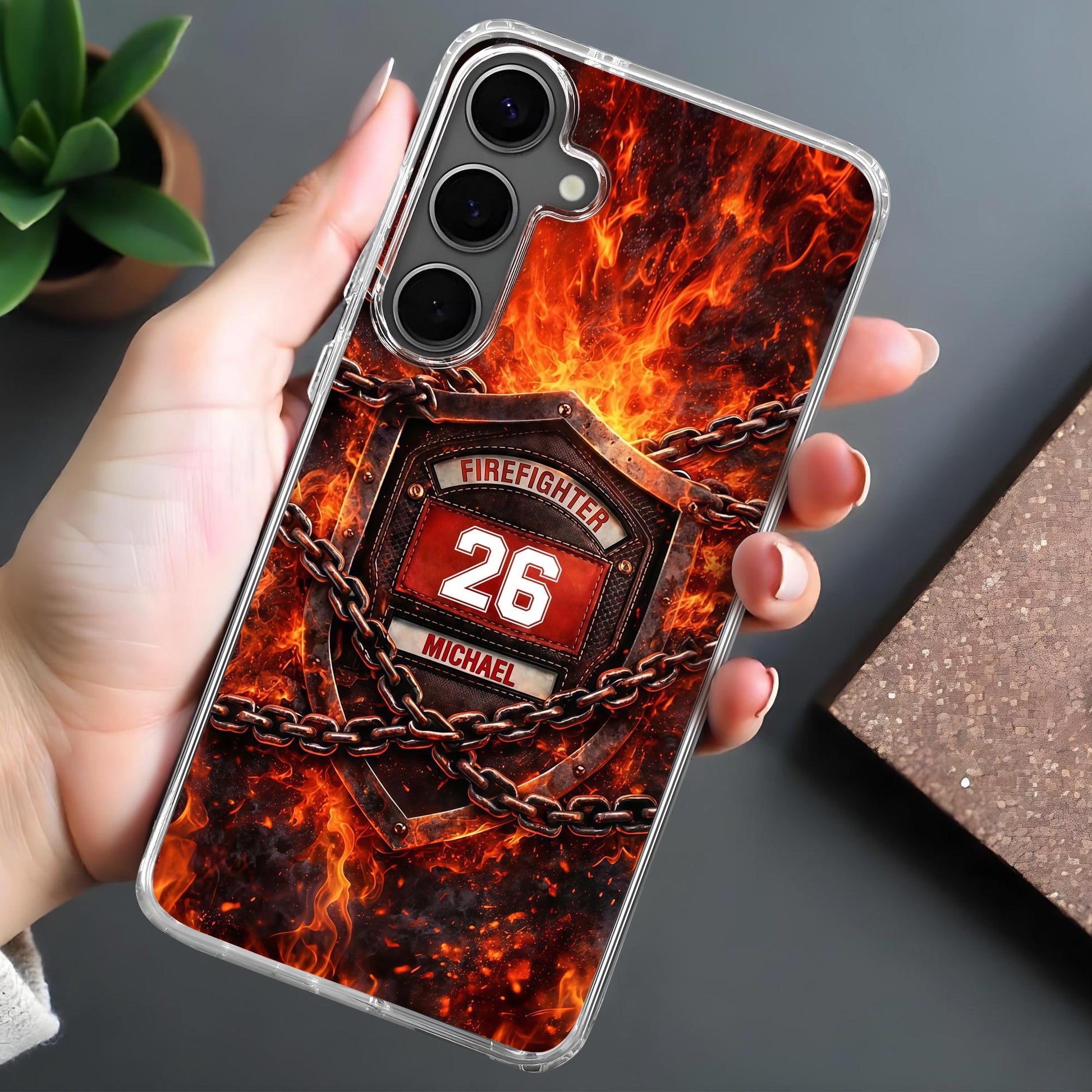 Firefighter Shield With Flames And Metal Chains Design