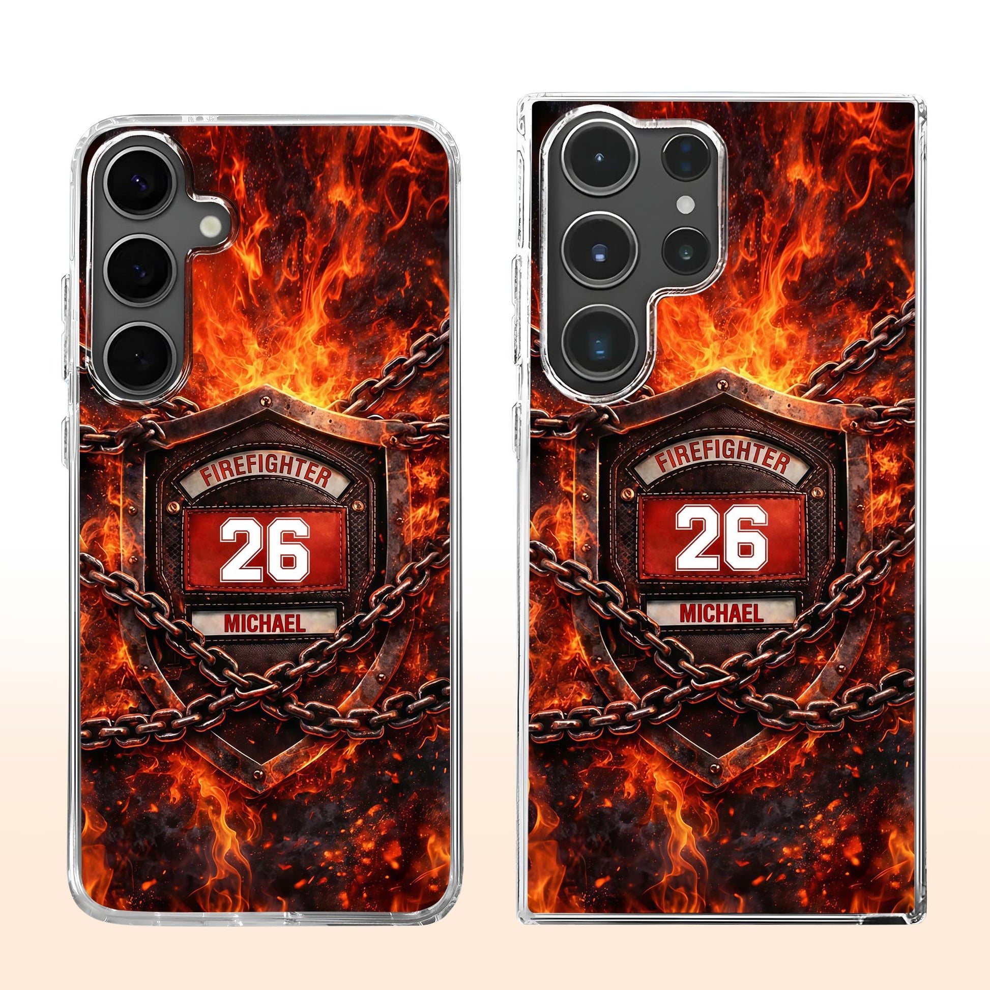 Firefighter Shield With Flames And Metal Chains Design