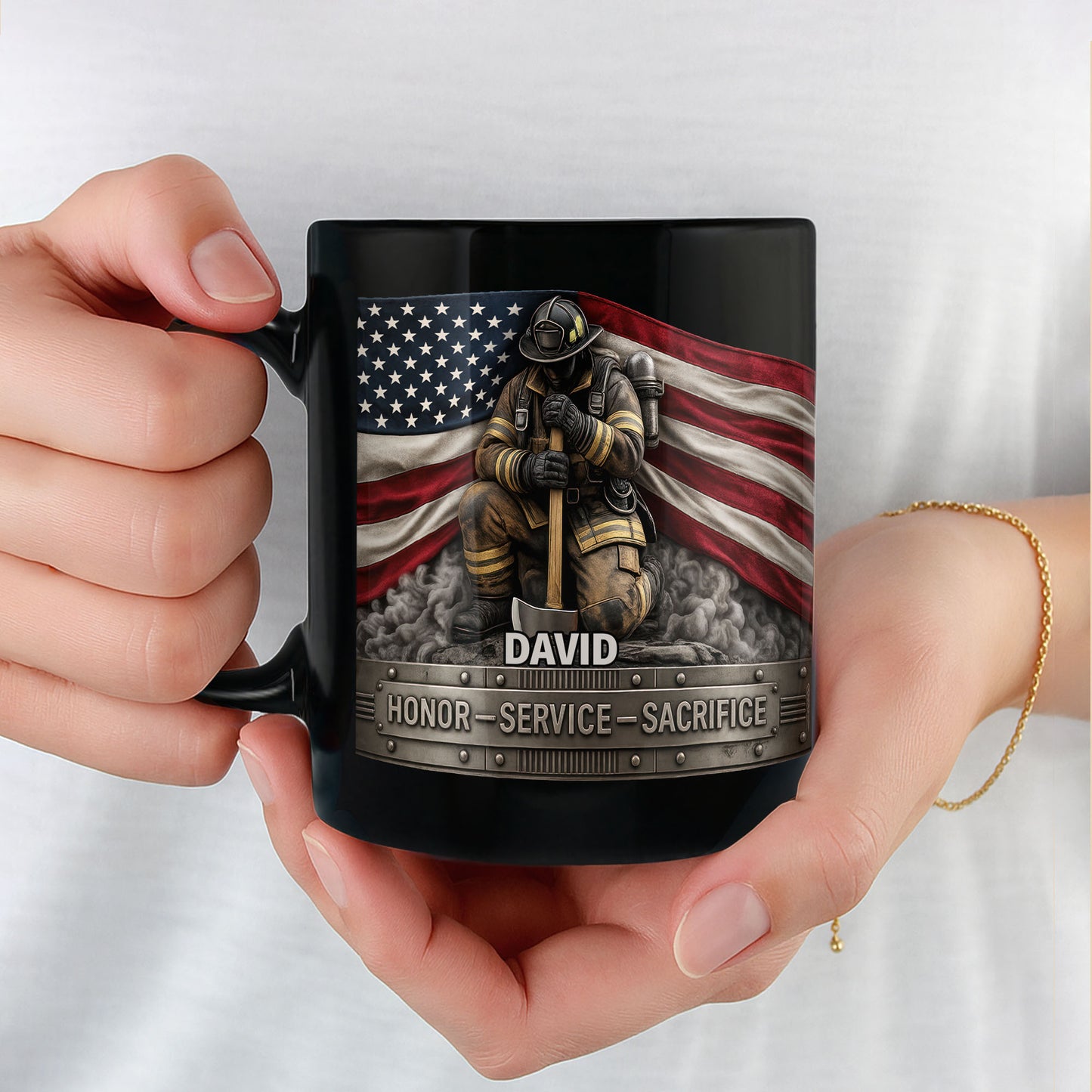 Honor Service Sacrifice Firefighter American Flag And Axe - Personalized Custom Black Mug - FIF070_BMUG