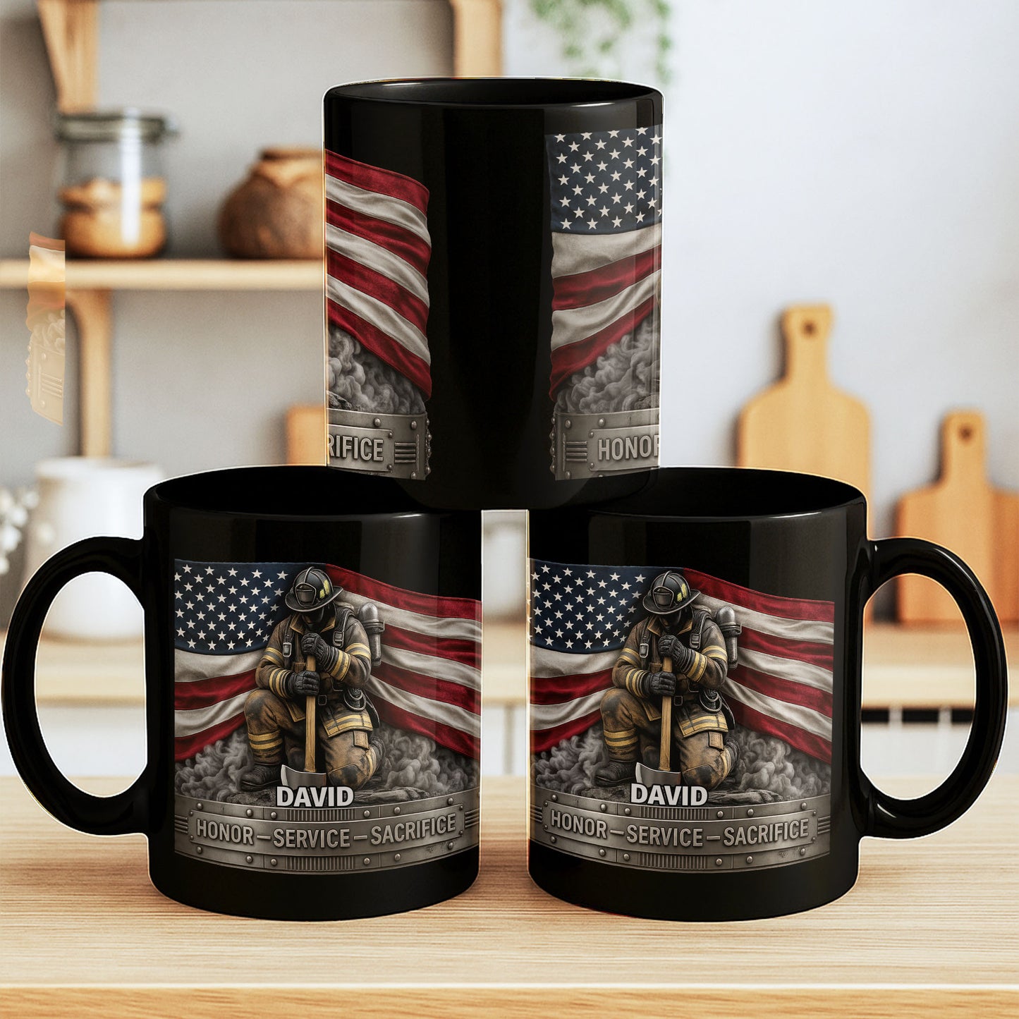 Honor Service Sacrifice Firefighter American Flag And Axe - Personalized Custom Black Mug - FIF070_BMUG