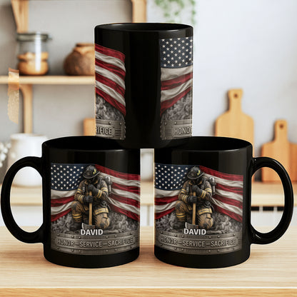 Honor Service Sacrifice Firefighter American Flag And Axe - Personalized Custom Black Mug - FIF070_BMUG