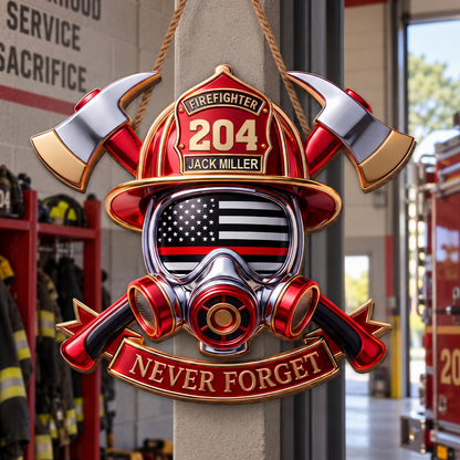 Firefighter Never Forget Helmet Mask And Axes Custom Gift - Personalized Custom Shaped Wood Sign - FIF118_WSIGN