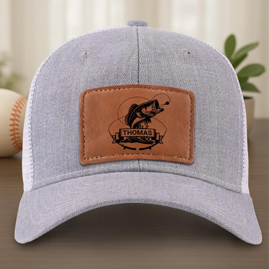 Customizable Leather Patch With Fish And Fishing Reel Design