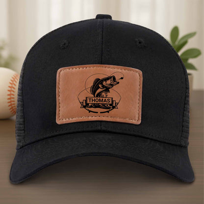 Customizable Leather Patch With Fish And Fishing Reel Design