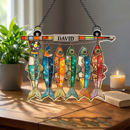 A Day Spent Fishing, Colorful Hanging Fish And Fishing Rod Design