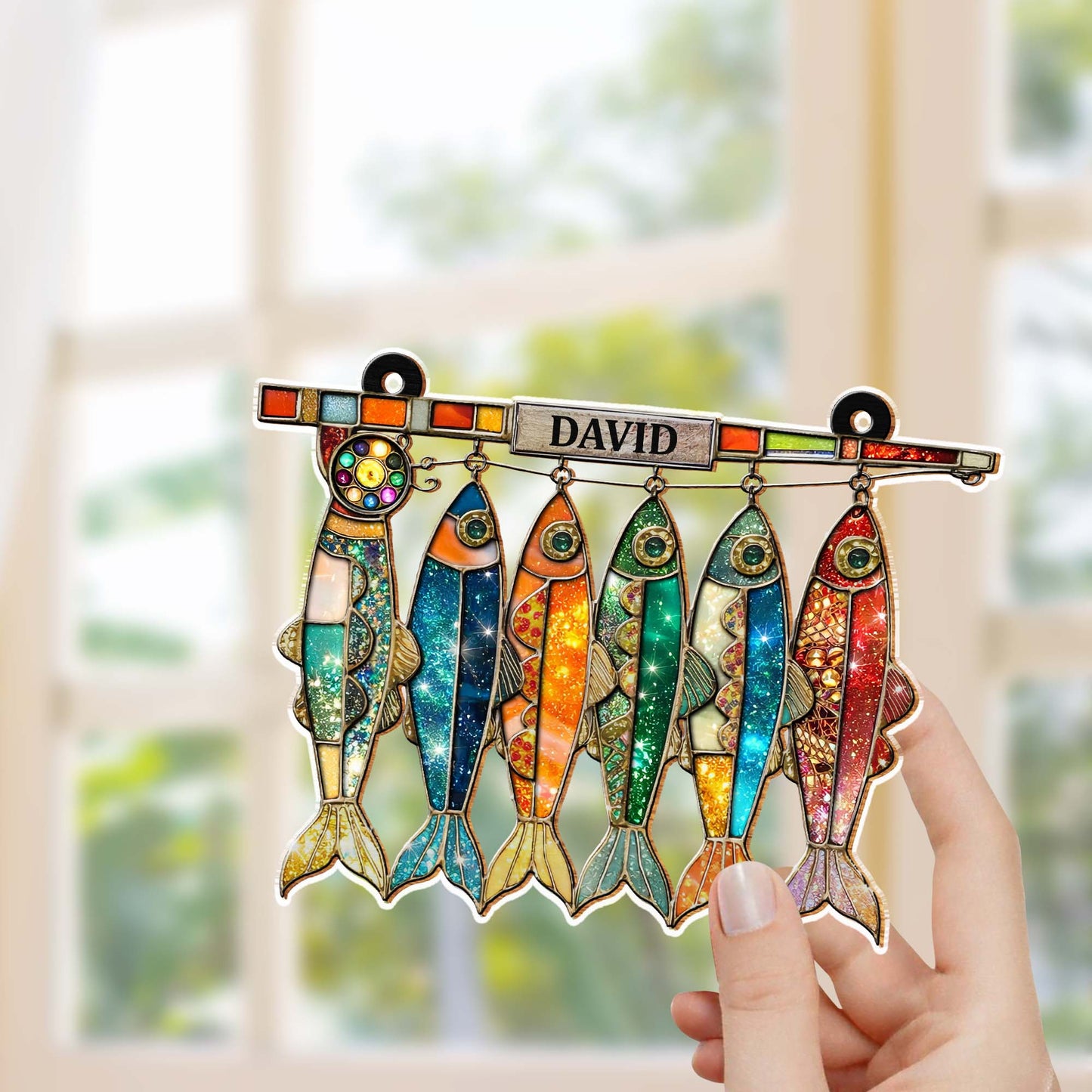 A Day Spent Fishing, Colorful Hanging Fish And Fishing Rod Design
