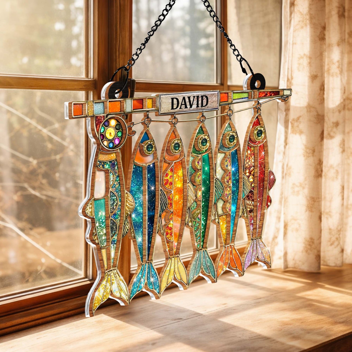 A Day Spent Fishing, Colorful Hanging Fish And Fishing Rod Design