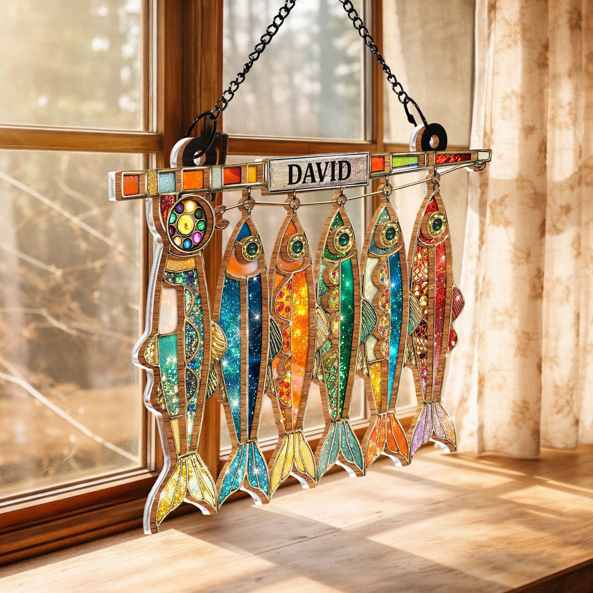 A Day Spent Fishing, Colorful Hanging Fish And Fishing Rod Design