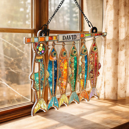A Day Spent Fishing, Colorful Hanging Fish And Fishing Rod Design