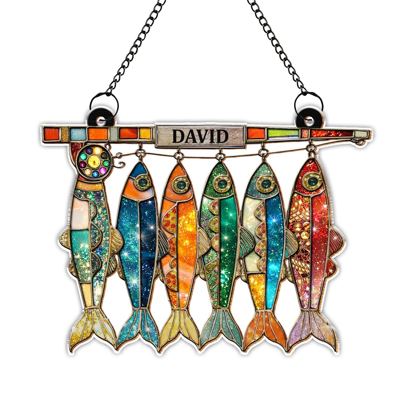 A Day Spent Fishing, Colorful Hanging Fish And Fishing Rod Design