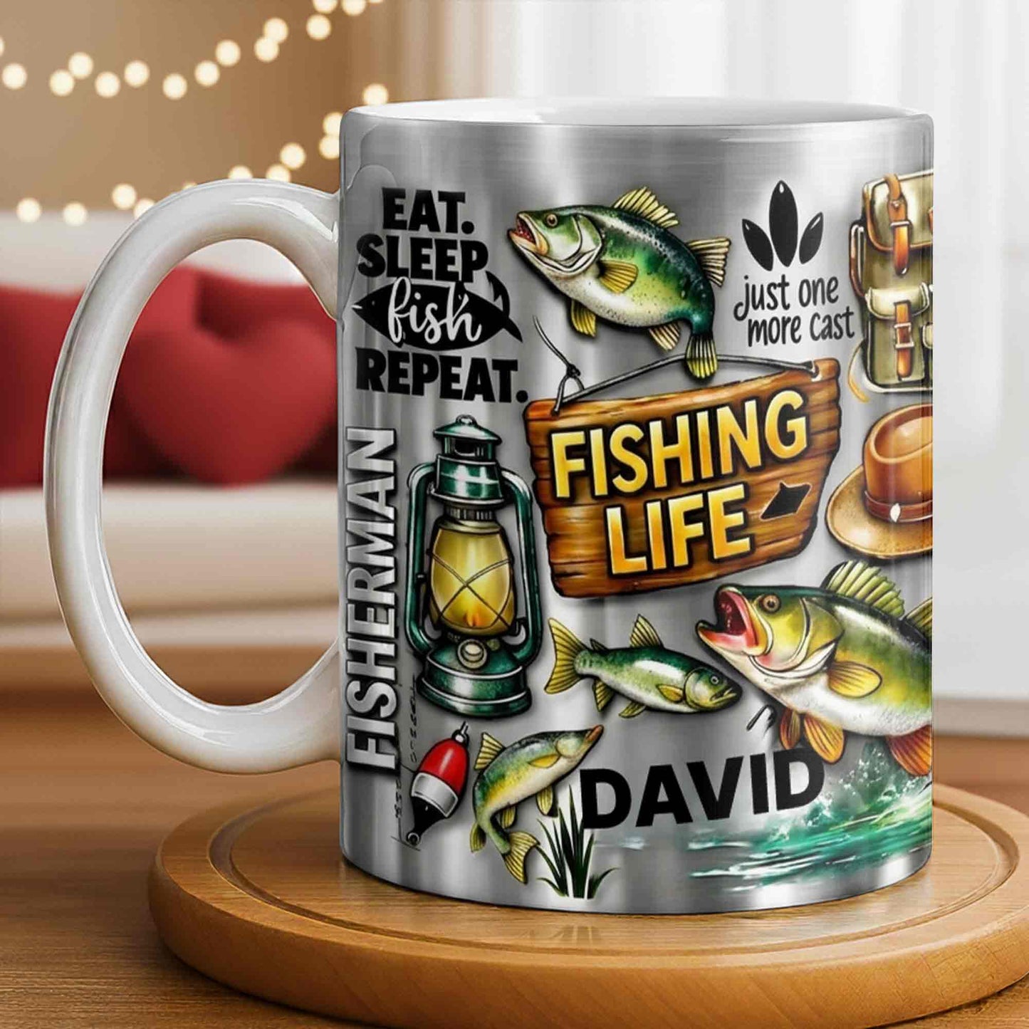 Eat Sleep Fish Repeat Fishing Life Fisherman With Fish And Gear - Personalized Custom Coffee Mug - FISH025_MG