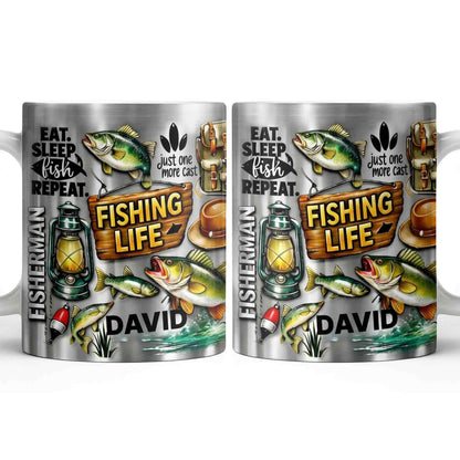 Eat Sleep Fish Repeat Fishing Life Fisherman With Fish And Gear - Personalized Custom Coffee Mug - FISH025_MG