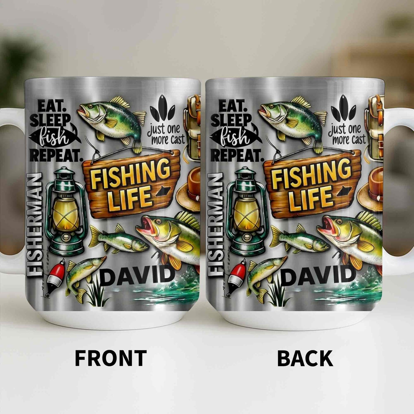 Eat Sleep Fish Repeat Fishing Life Fisherman With Fish And Gear - Personalized Custom Coffee Mug - FISH025_MG