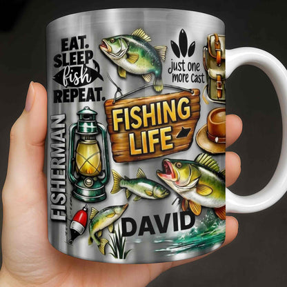 Eat Sleep Fish Repeat Fishing Life Fisherman With Fish And Gear - Personalized Custom Coffee Mug - FISH025_MG