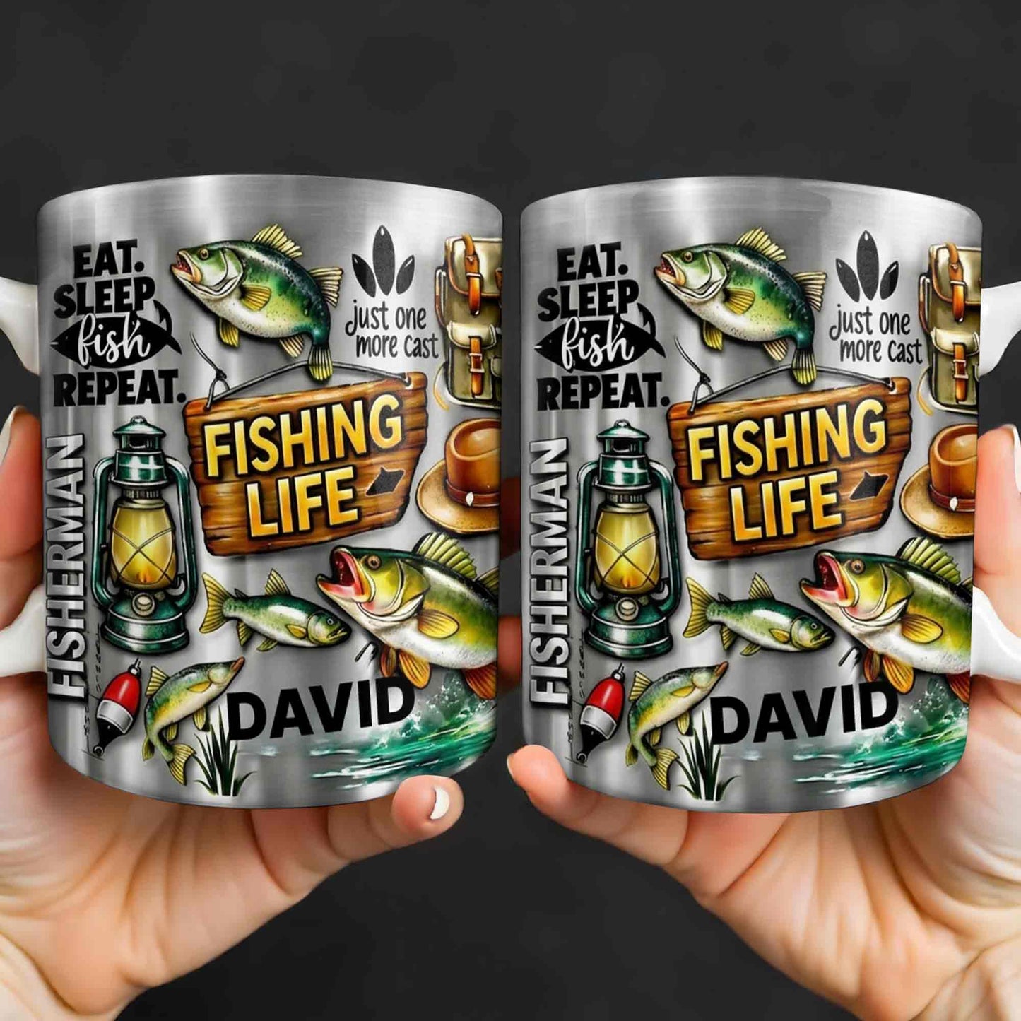 Eat Sleep Fish Repeat Fishing Life Fisherman With Fish And Gear - Personalized Custom Coffee Mug - FISH025_MG