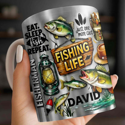 Eat Sleep Fish Repeat Fishing Life Fisherman With Fish And Gear - Personalized Custom Coffee Mug - FISH025_MG