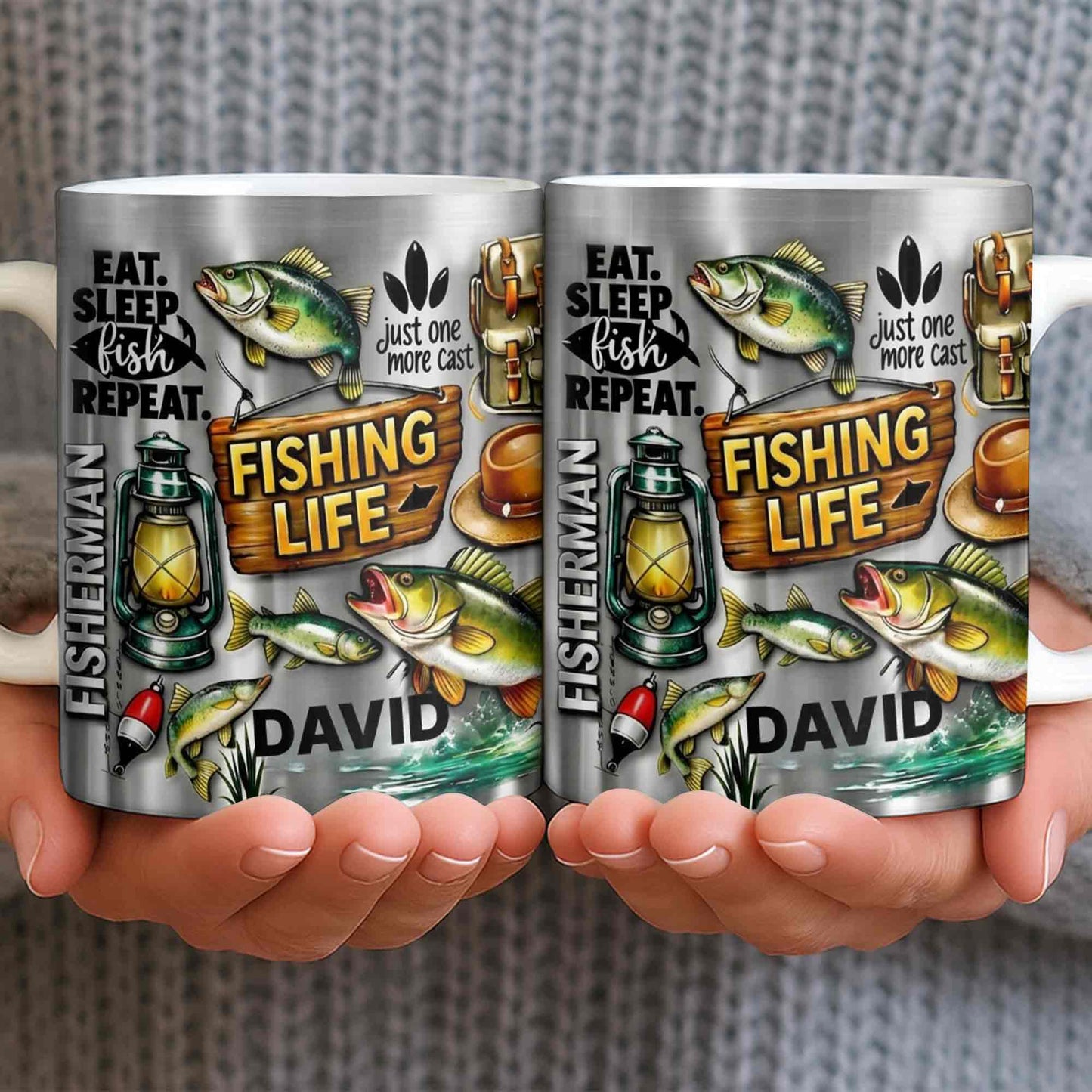 Eat Sleep Fish Repeat Fishing Life Fisherman With Fish And Gear - Personalized Custom Coffee Mug - FISH025_MG