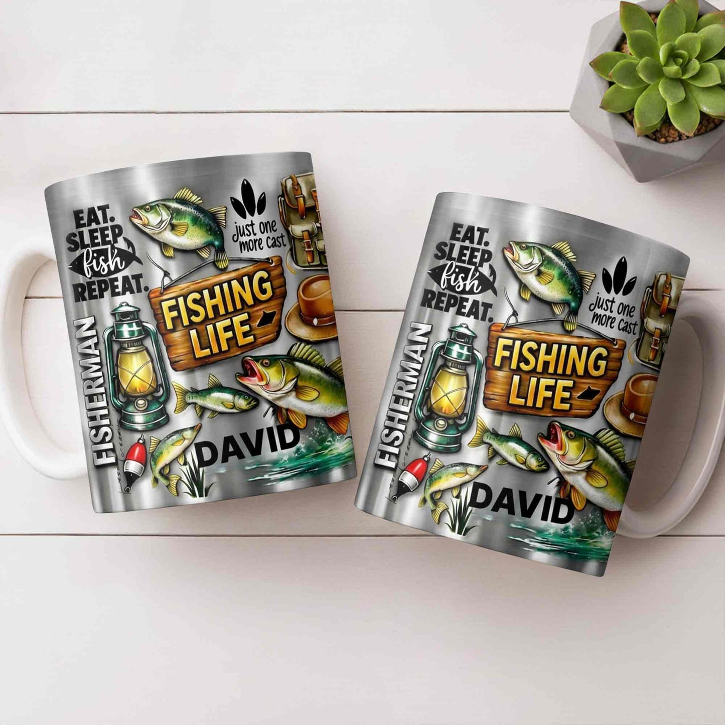 Eat Sleep Fish Repeat Fishing Life Fisherman With Fish And Gear - Personalized Custom Coffee Mug - FISH025_MG