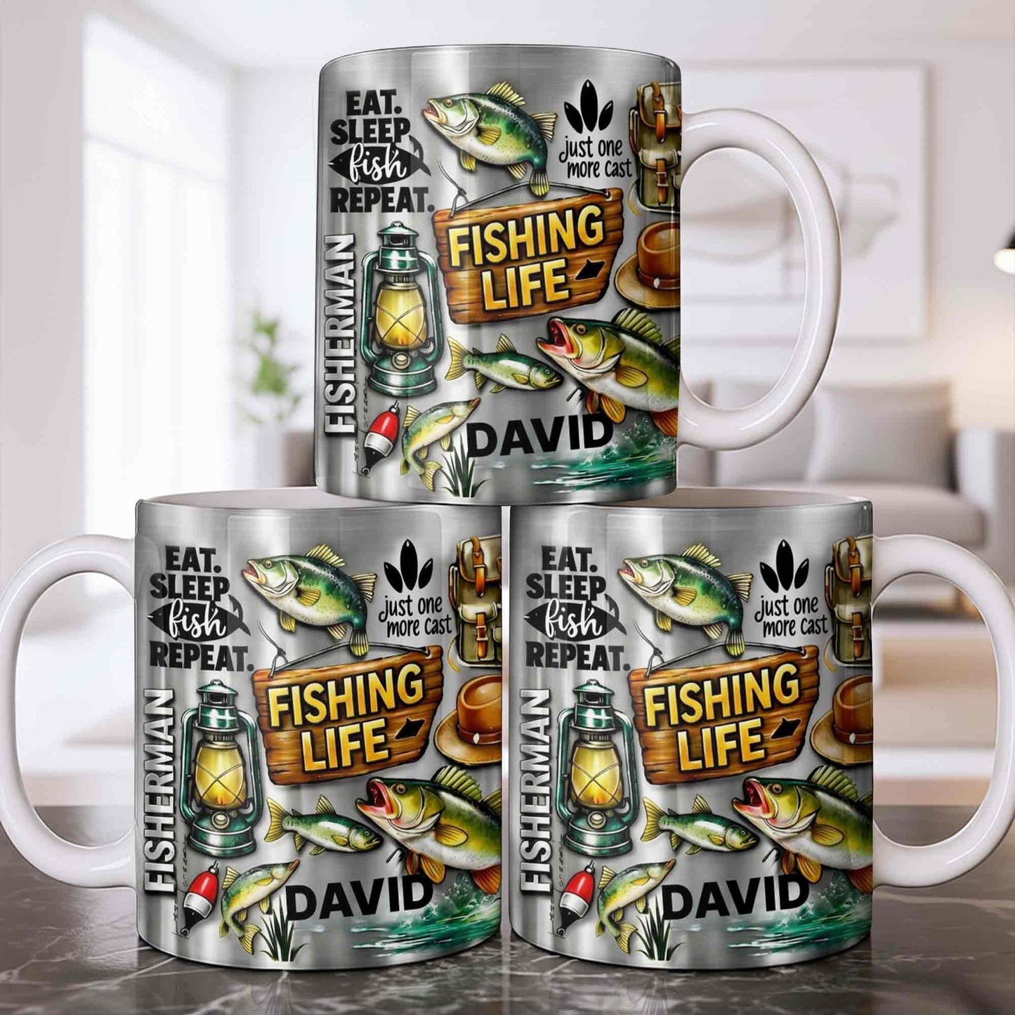 Eat Sleep Fish Repeat Fishing Life Fisherman With Fish And Gear - Personalized Custom Coffee Mug - FISH025_MG