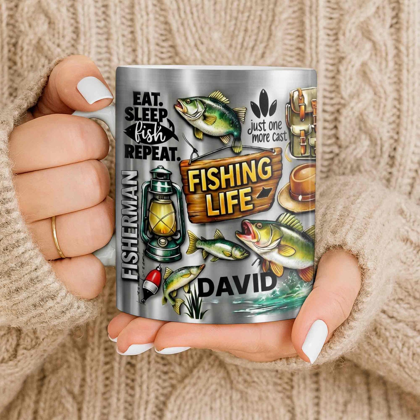 Eat Sleep Fish Repeat Fishing Life Fisherman With Fish And Gear - Personalized Custom Coffee Mug - FISH025_MG
