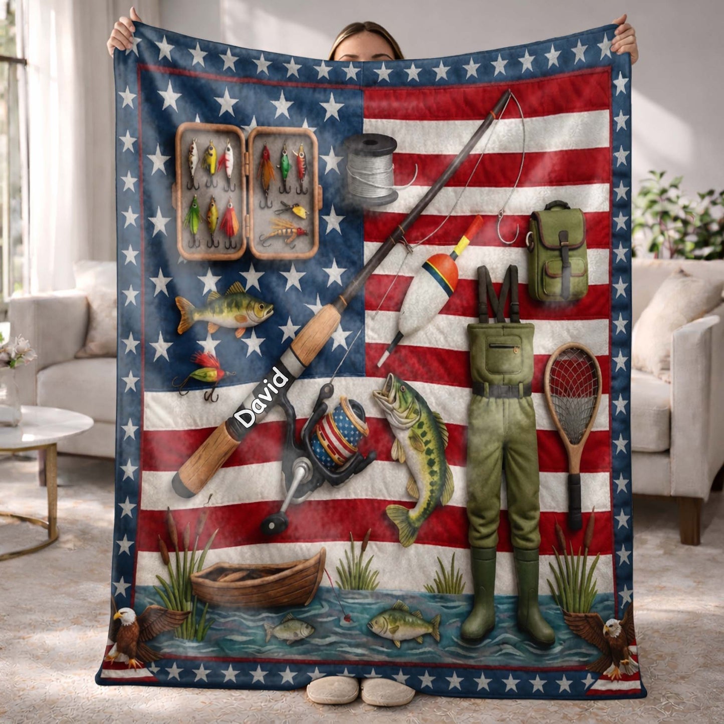 A True American Fisherman Hooked On Freedom With Fishing Gear - Personalized Custom Blanket - FISH038_BLK
