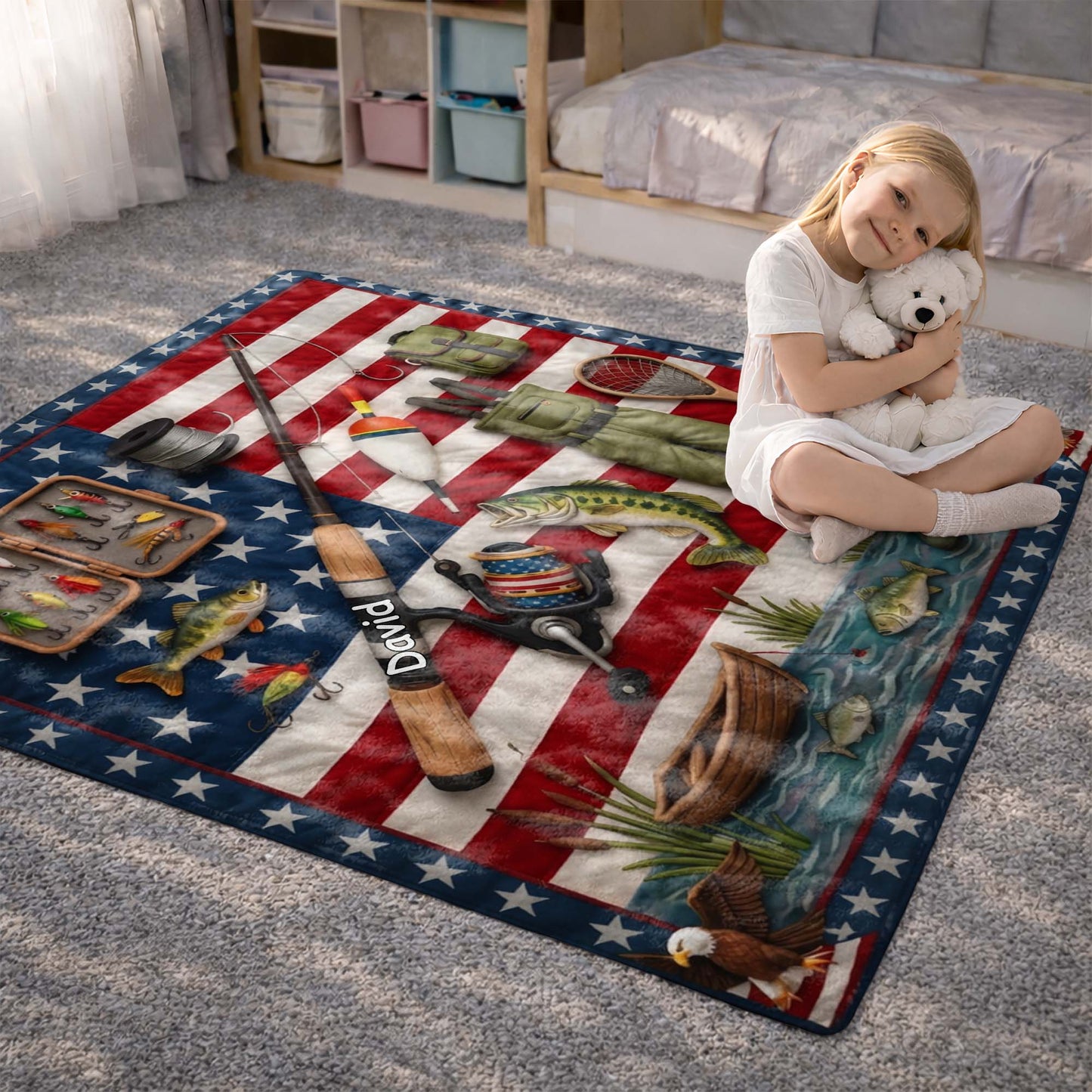 A True American Fisherman Hooked On Freedom With Fishing Gear - Personalized Custom Blanket - FISH038_BLK