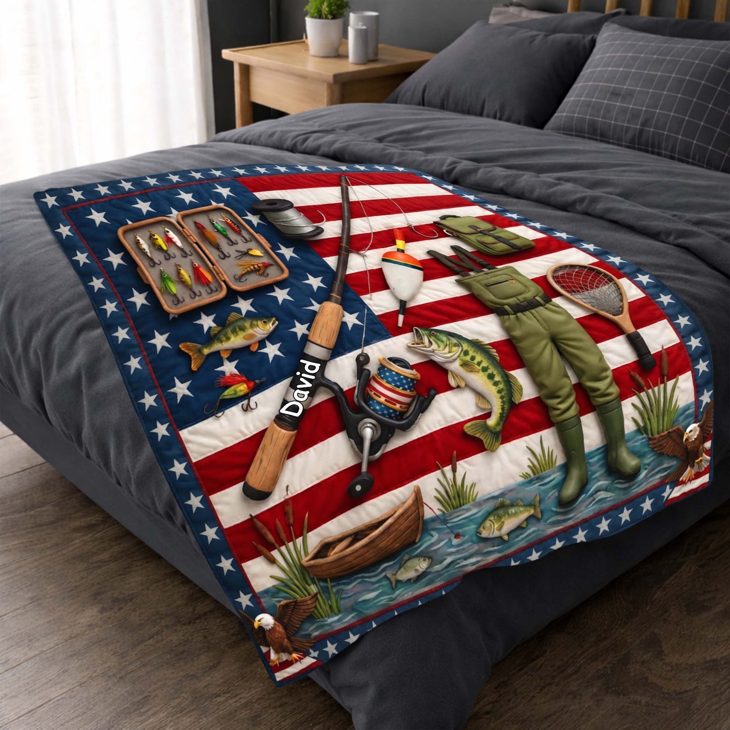A True American Fisherman Hooked On Freedom With Fishing Gear - Personalized Custom Blanket - FISH038_BLK