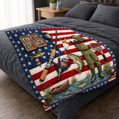 A True American Fisherman Hooked On Freedom With Fishing Gear - Personalized Custom Blanket - FISH038_BLK