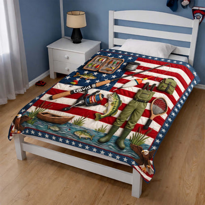 A True American Fisherman Hooked On Freedom With Fishing Gear - Personalized Custom Blanket - FISH038_BLK
