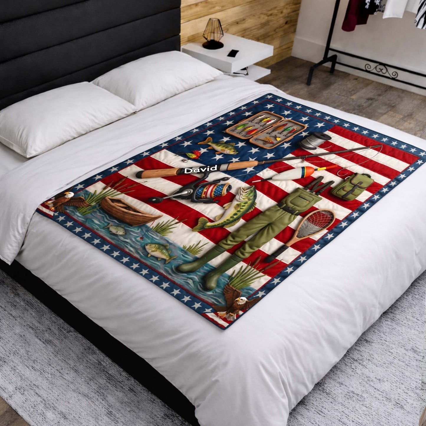 A True American Fisherman Hooked On Freedom With Fishing Gear - Personalized Custom Blanket - FISH038_BLK