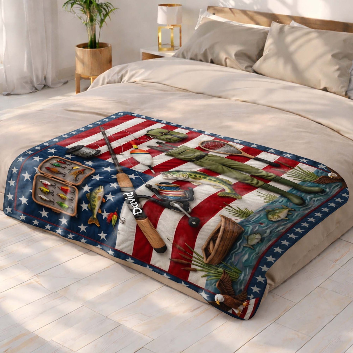 A True American Fisherman Hooked On Freedom With Fishing Gear - Personalized Custom Blanket - FISH038_BLK