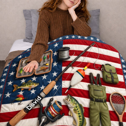 A True American Fisherman Hooked On Freedom With Fishing Gear - Personalized Custom Blanket - FISH038_BLK