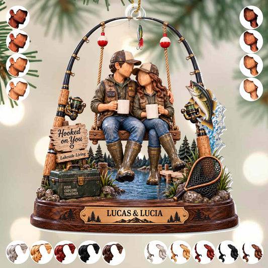 Hooked On You Lakeside Living Fishing Couple With Rods And Fish - Personalized Custom Acrylic Ornament, Christmas Gift - FISH075_ACO