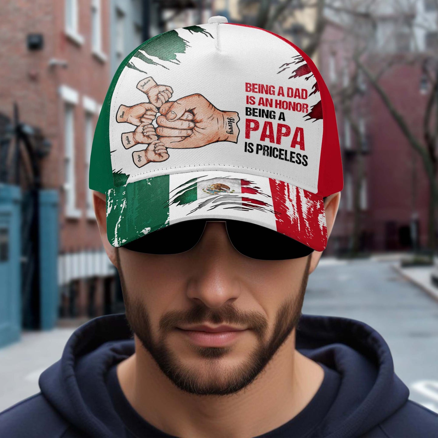 Ser papá es un honor. Ser PAPA no tiene precio. Gorra personalizada, gorra de béisbol con estampado integral. FM001_BAC