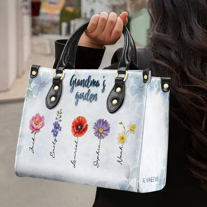 Grandma's garden. El Jardín De La Abuela - Personalized Custom Leather Handbag - FM014_HB