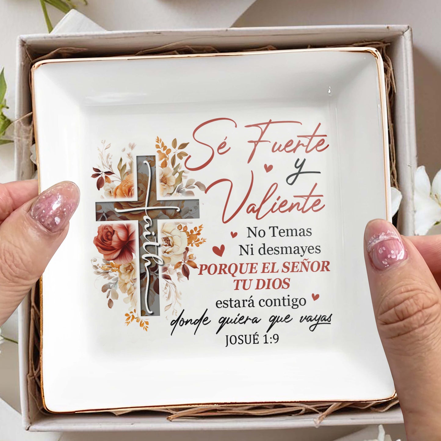 Sé Fuerte y Valiente Josué 1:9 - Personalized Custom Jewelry Dish - FT013_SCRD