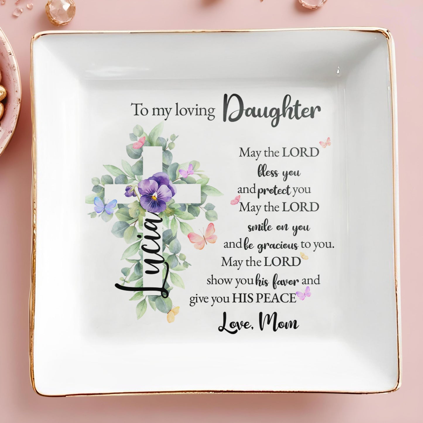 Blessing Floral Cross Design For a Cherished Daughter - Personalized Custom Jewelry Dish - FTH025_SCRD