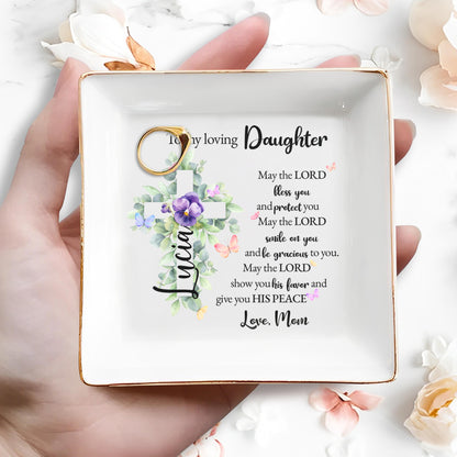 Blessing Floral Cross Design For a Cherished Daughter - Personalized Custom Jewelry Dish - FTH025_SCRD