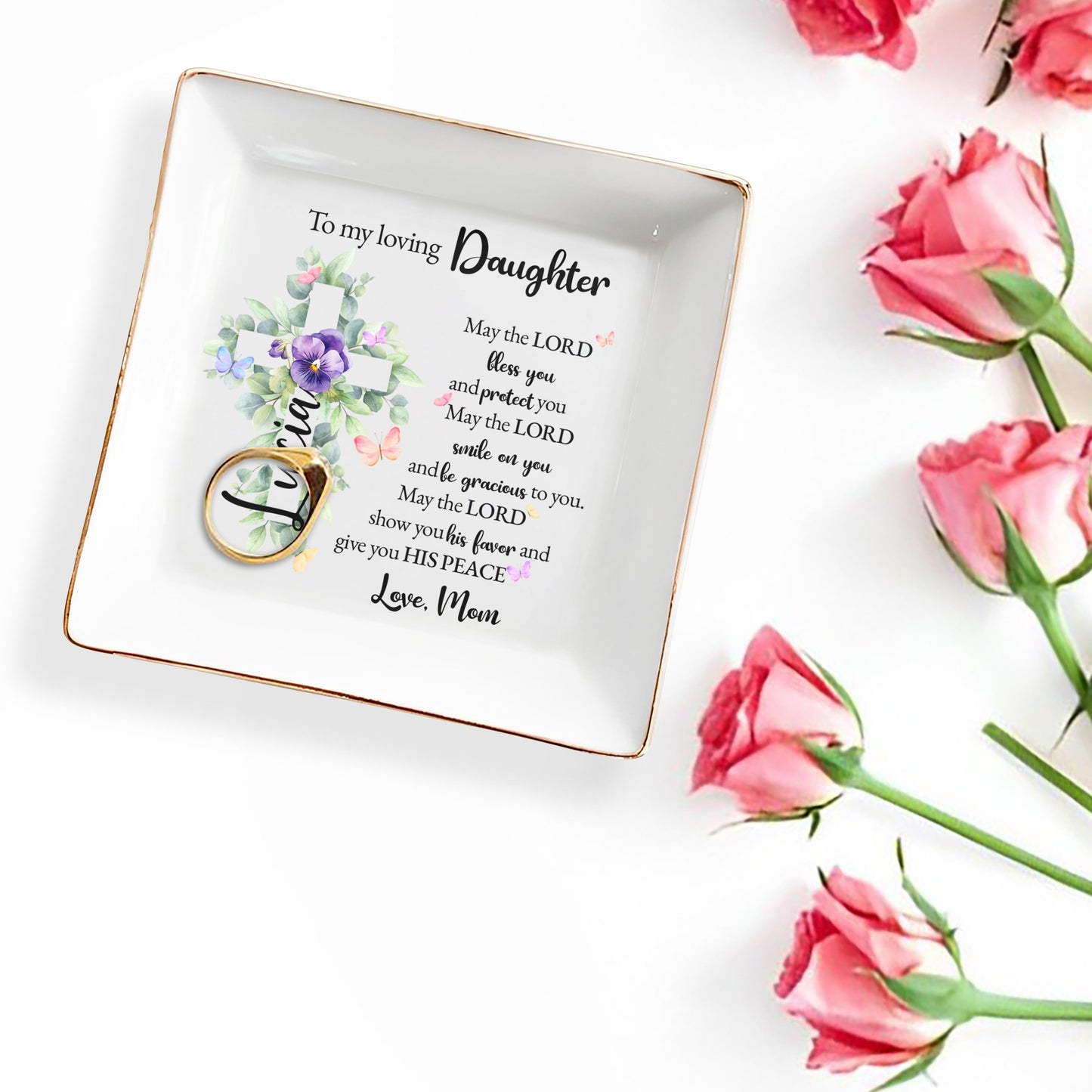 Blessing Floral Cross Design For a Cherished Daughter - Personalized Custom Jewelry Dish - FTH025_SCRD