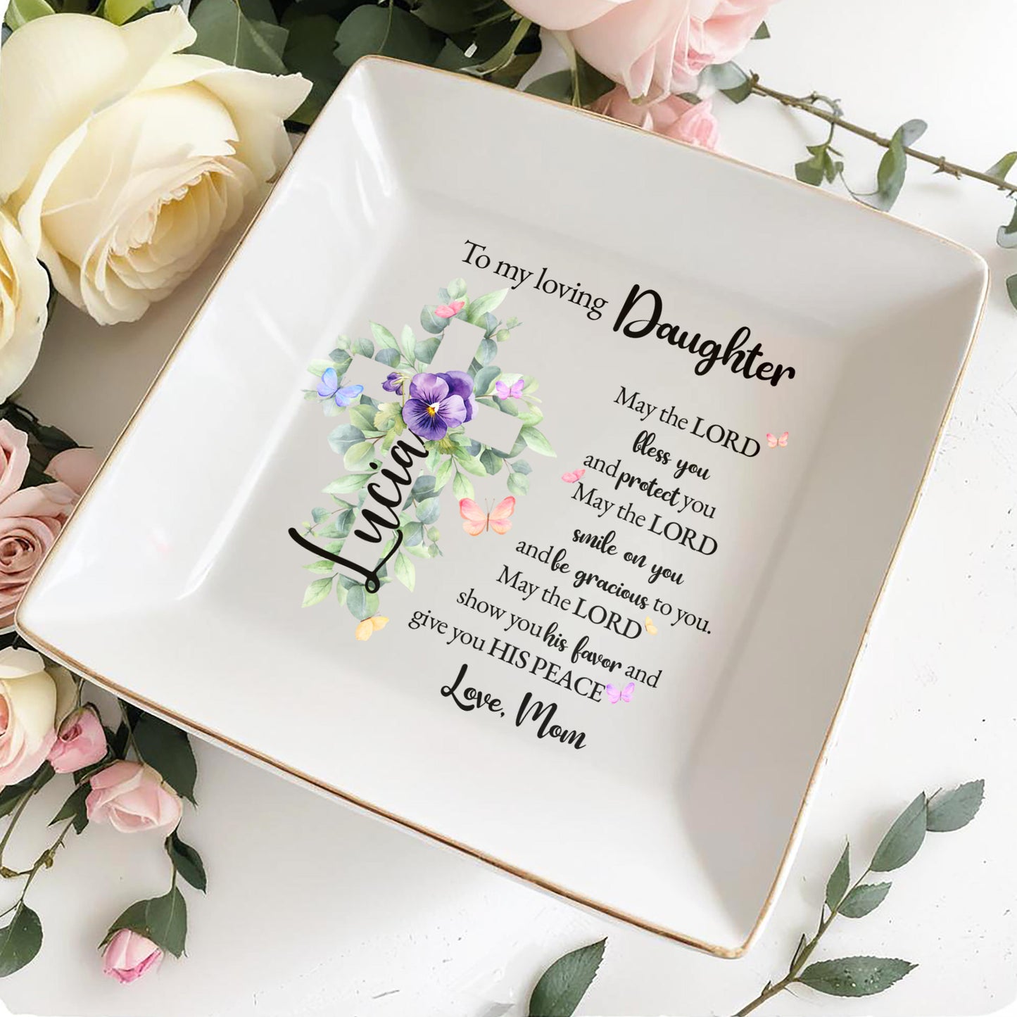 Blessing Floral Cross Design For a Cherished Daughter - Personalized Custom Jewelry Dish - FTH025_SCRD