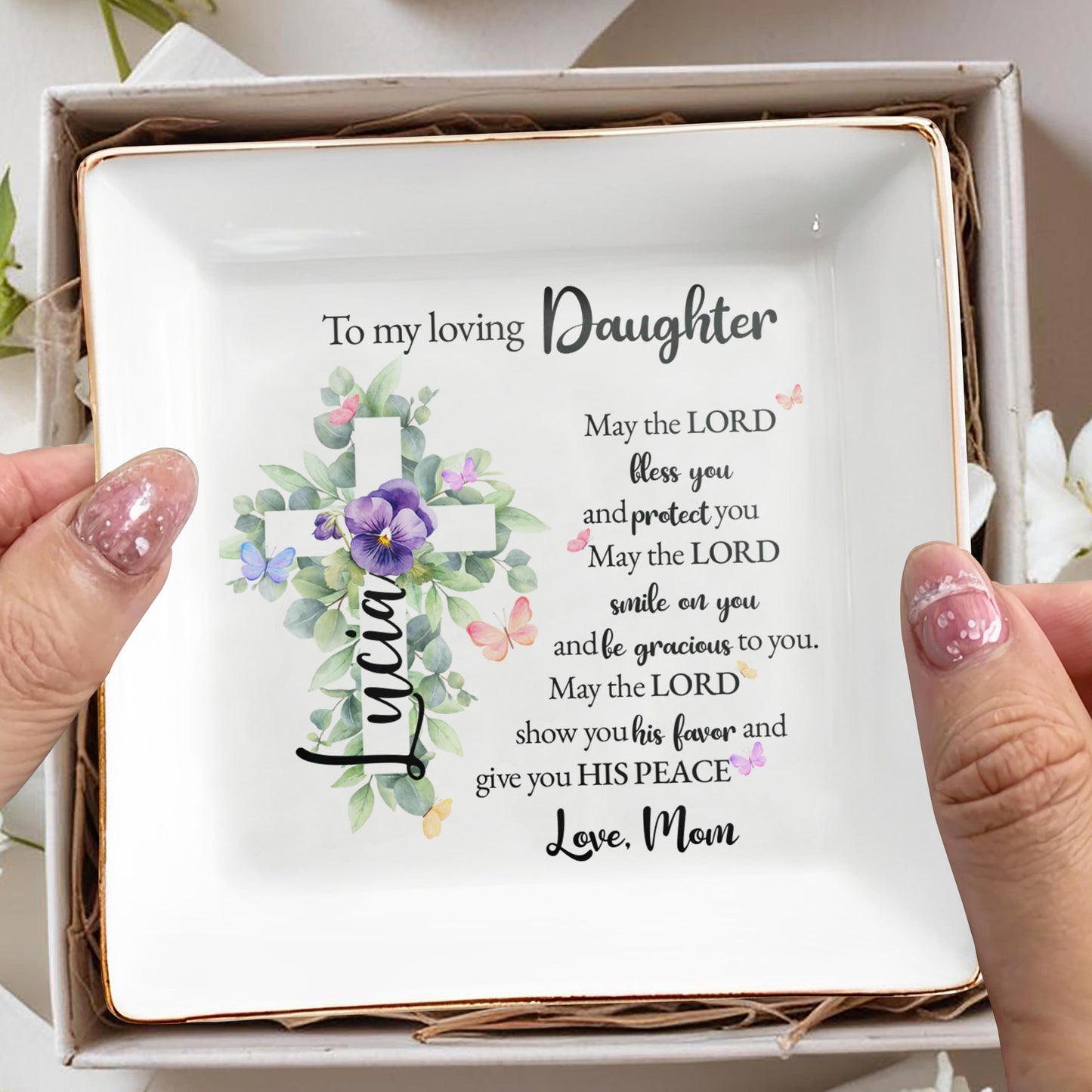 Blessing Floral Cross Design For a Cherished Daughter - Personalized Custom Jewelry Dish - FTH025_SCRD