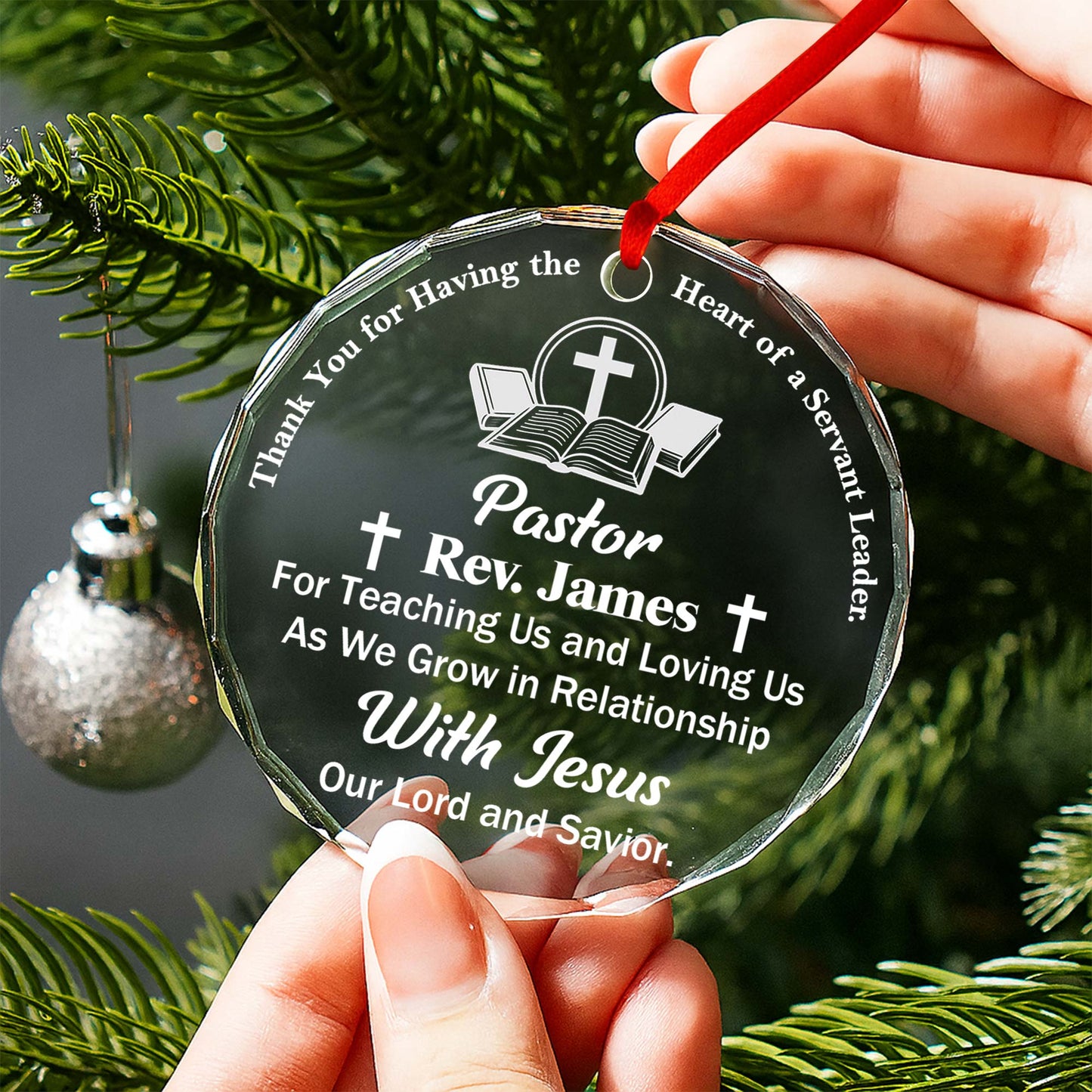 Thank You For Teaching Us, Cross and Book Design - Personalized Custom Circle Glass Ornament - FTH040_CGOR