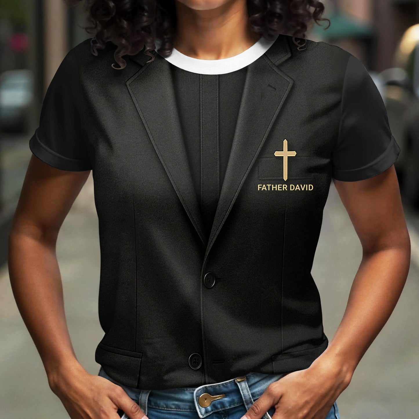 Father David T-Shirt With Cross And Suit Design